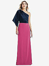 Front View Thumbnail - Tea Rose & Midnight Navy One-Shoulder Bell Sleeve Trumpet Gown