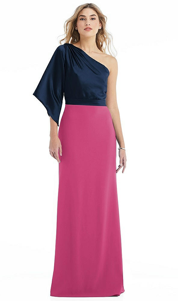 Front View - Tea Rose & Midnight Navy One-Shoulder Bell Sleeve Trumpet Gown