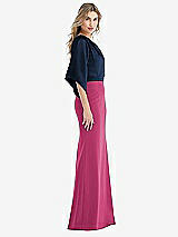 Side View Thumbnail - Tea Rose & Midnight Navy One-Shoulder Bell Sleeve Trumpet Gown