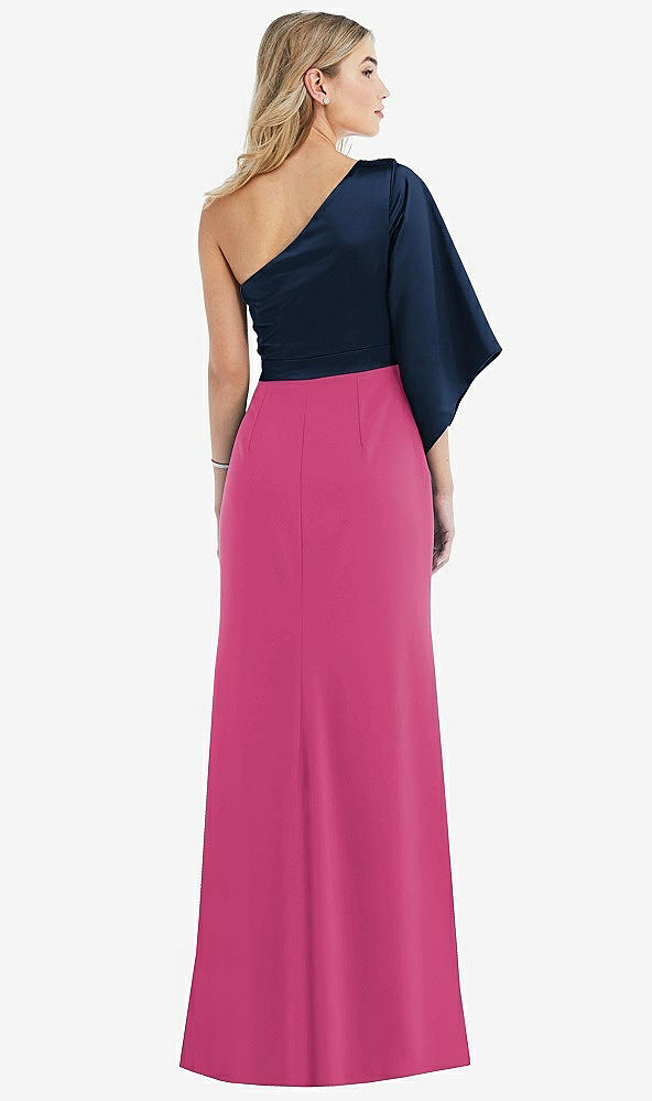 Back View - Tea Rose & Midnight Navy One-Shoulder Bell Sleeve Trumpet Gown