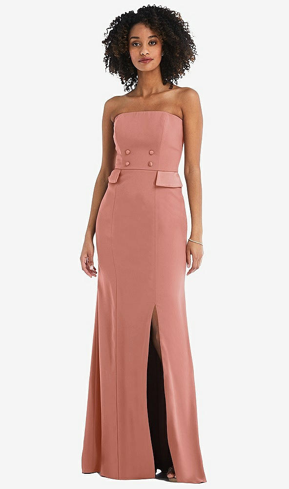 Front View - Desert Rose Strapless Tuxedo Maxi Dress with Front Slit