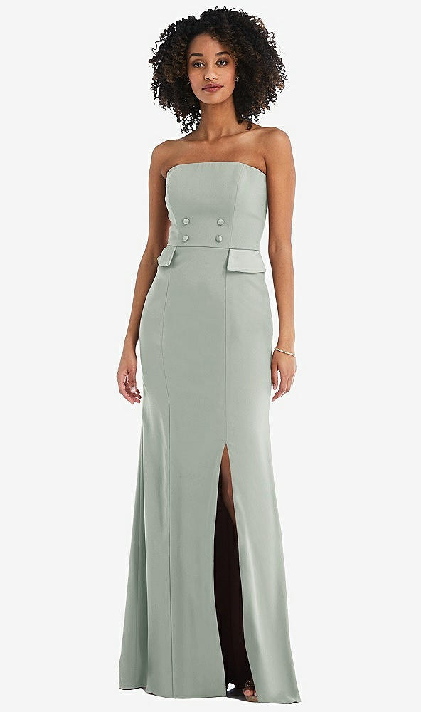 Front View - Willow Green Strapless Tuxedo Maxi Dress with Front Slit