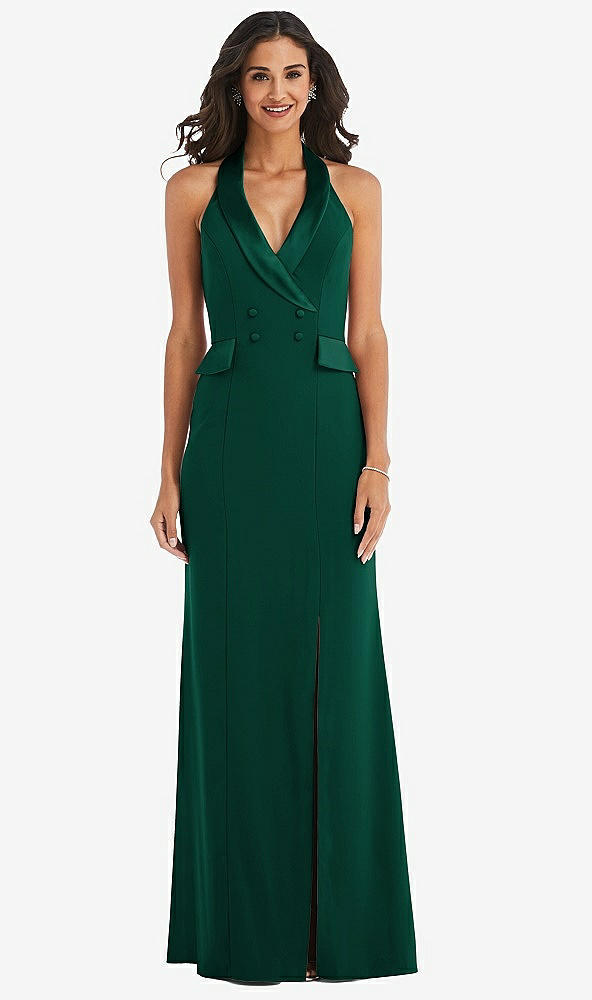 Front View - Hunter Green Halter Tuxedo Maxi Dress with Front Slit