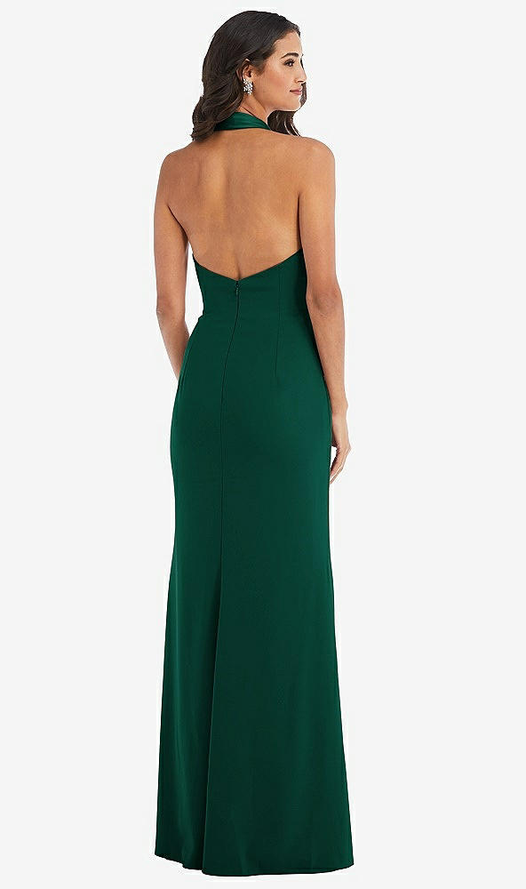 Back View - Hunter Green Halter Tuxedo Maxi Dress with Front Slit