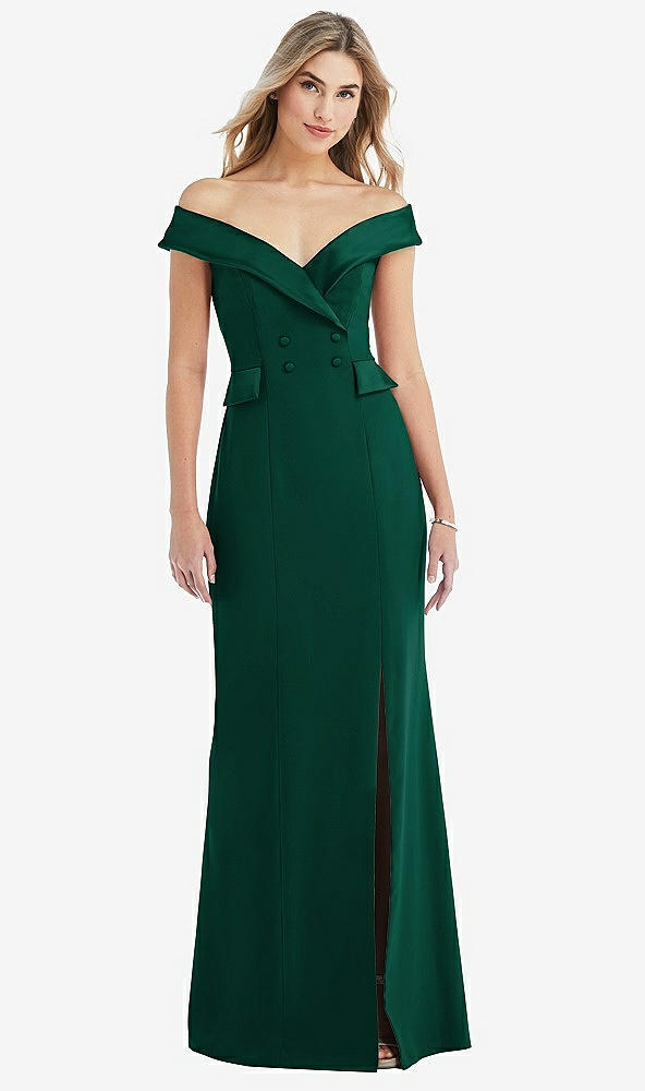 Front View - Hunter Green Off-the-Shoulder Tuxedo Maxi Dress with Front Slit