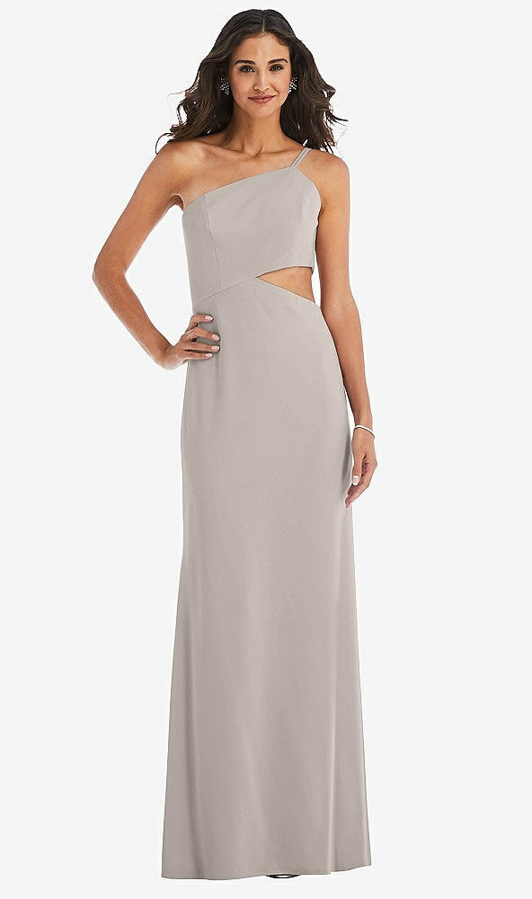 Front View - Taupe One-Shoulder Midriff Cutout Maxi Dress