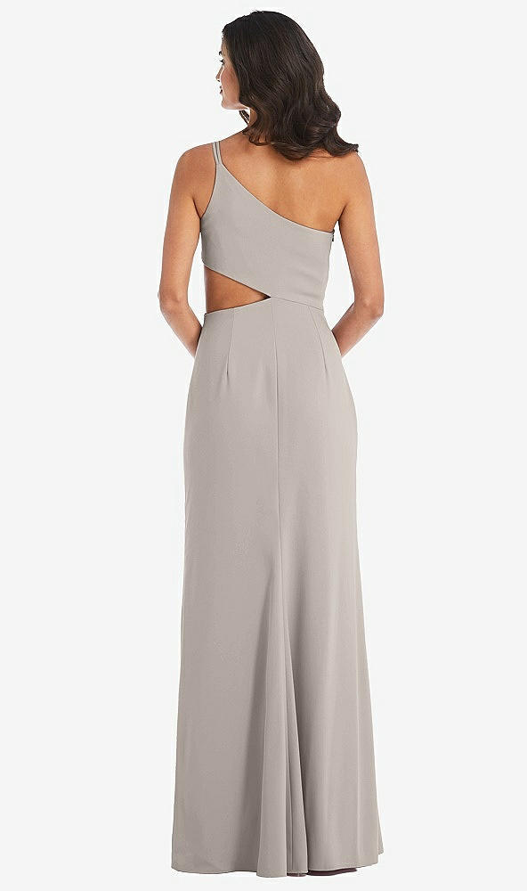 Back View - Taupe One-Shoulder Midriff Cutout Maxi Dress