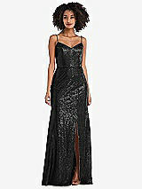 Front View Thumbnail - Black Spaghetti Strap Sequin Trumpet Gown with Side Slit