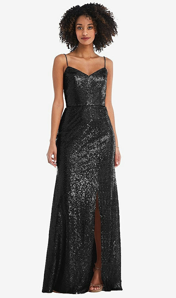 Front View - Black Spaghetti Strap Sequin Trumpet Gown with Side Slit