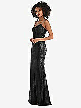 Side View Thumbnail - Black Spaghetti Strap Sequin Trumpet Gown with Side Slit