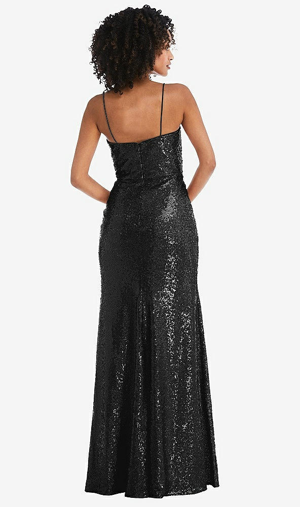 Back View - Black Spaghetti Strap Sequin Trumpet Gown with Side Slit