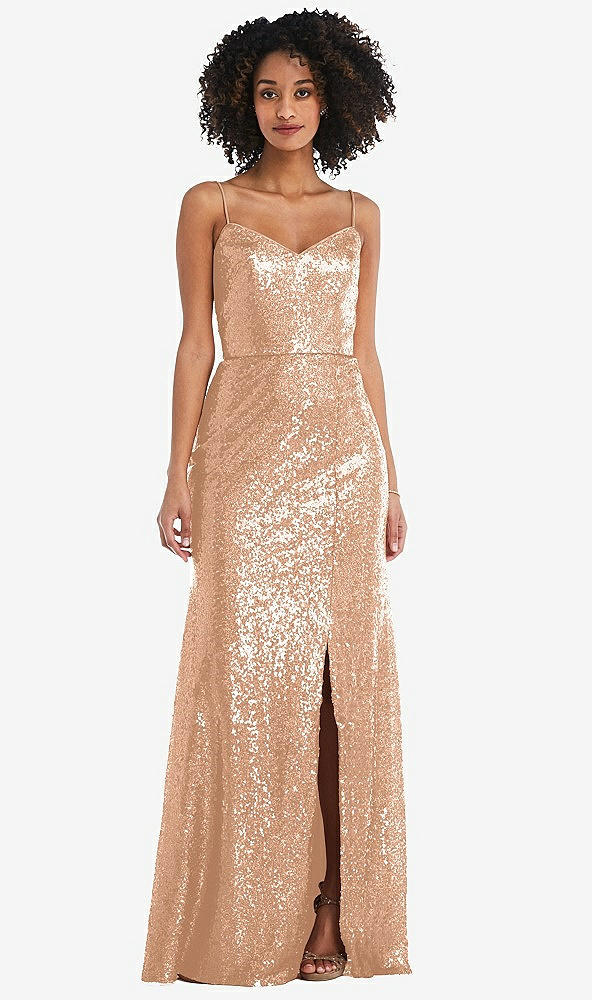 Front View - Copper Rose Spaghetti Strap Sequin Trumpet Gown with Side Slit