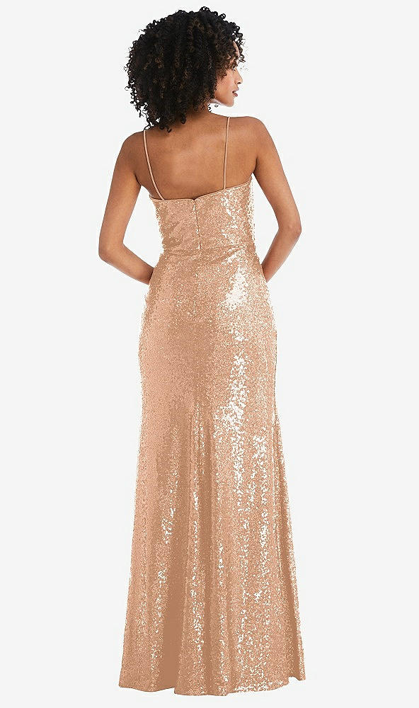 Back View - Copper Rose Spaghetti Strap Sequin Trumpet Gown with Side Slit