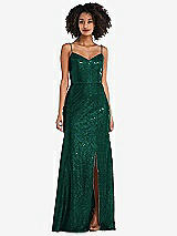 Front View Thumbnail - Hunter Green Spaghetti Strap Sequin Trumpet Gown with Side Slit