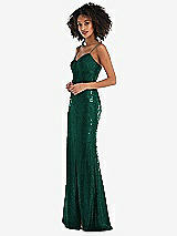 Side View Thumbnail - Hunter Green Spaghetti Strap Sequin Trumpet Gown with Side Slit