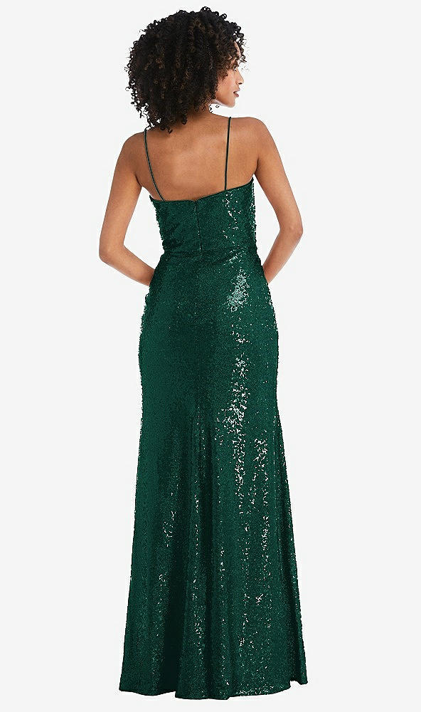 Back View - Hunter Green Spaghetti Strap Sequin Trumpet Gown with Side Slit