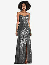 Front View Thumbnail - Stardust Spaghetti Strap Sequin Trumpet Gown with Side Slit