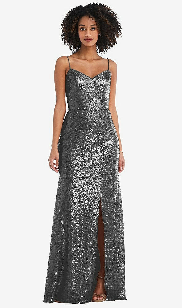 Front View - Stardust Spaghetti Strap Sequin Trumpet Gown with Side Slit