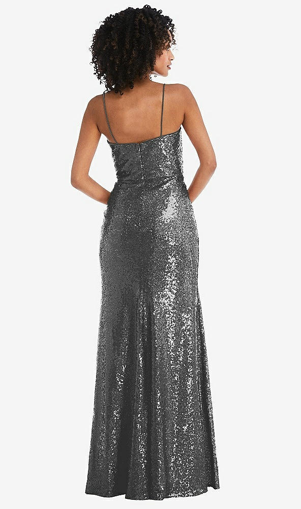 Back View - Stardust Spaghetti Strap Sequin Trumpet Gown with Side Slit