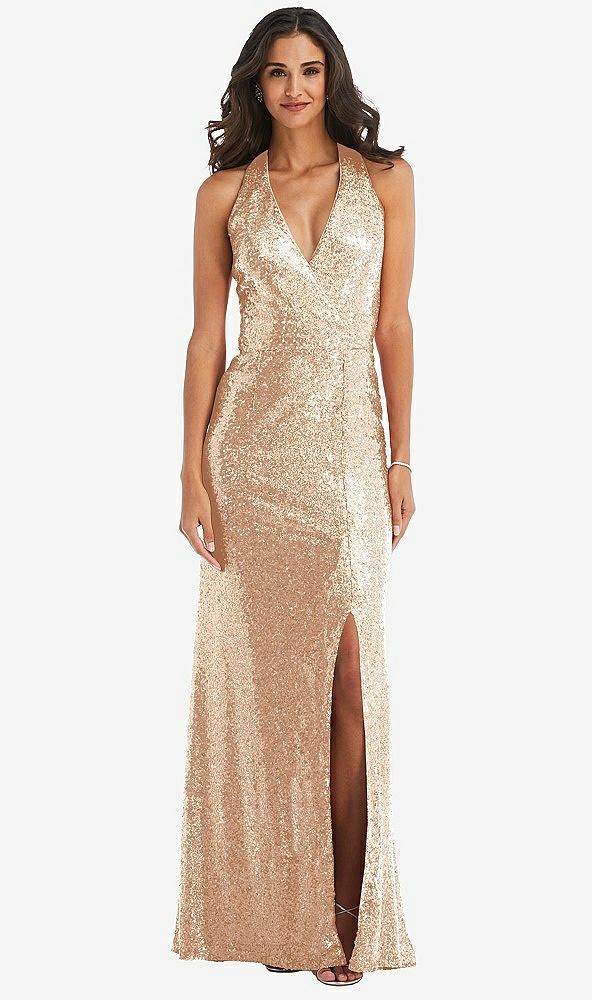 Front View - Rose Gold Halter Wrap Sequin Trumpet Gown with Front Slit