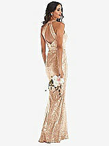 Rear View Thumbnail - Rose Gold Halter Wrap Sequin Trumpet Gown with Front Slit