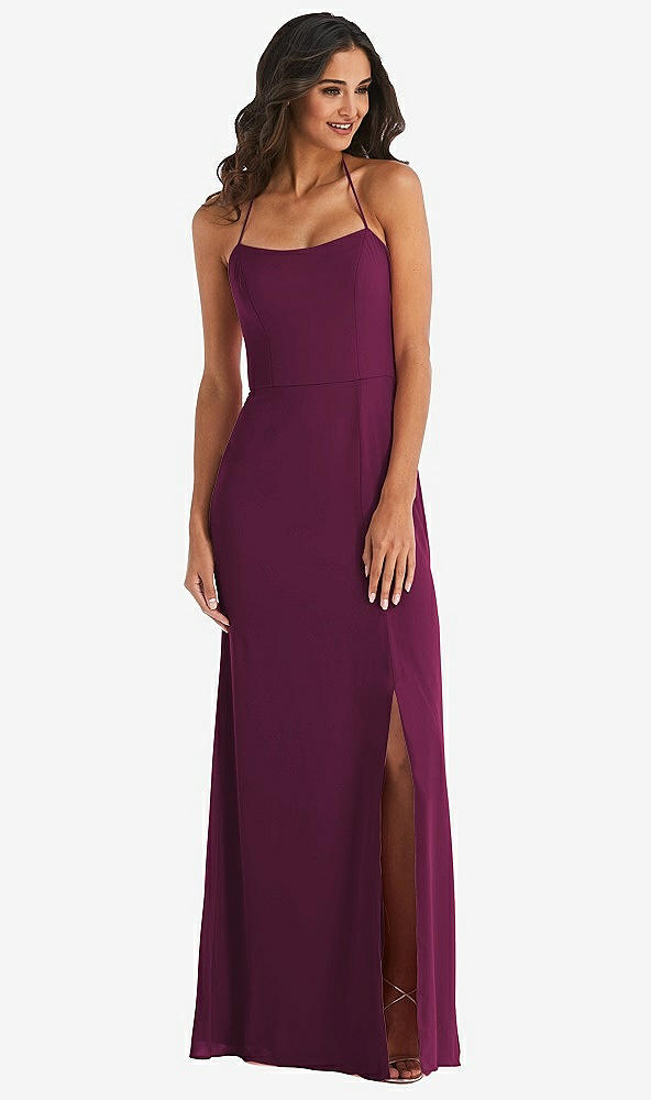 Front View - Ruby Spaghetti Strap Tie Halter Backless Trumpet Gown