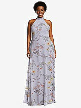 Front View Thumbnail - Butterfly Botanica Silver Dove High Neck Halter Backless Maxi Dress