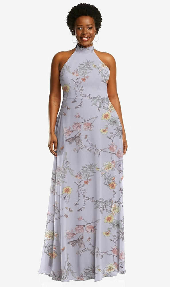 Front View - Butterfly Botanica Silver Dove High Neck Halter Backless Maxi Dress