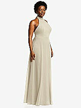 Side View Thumbnail - Champagne High Neck Halter Backless Maxi Dress