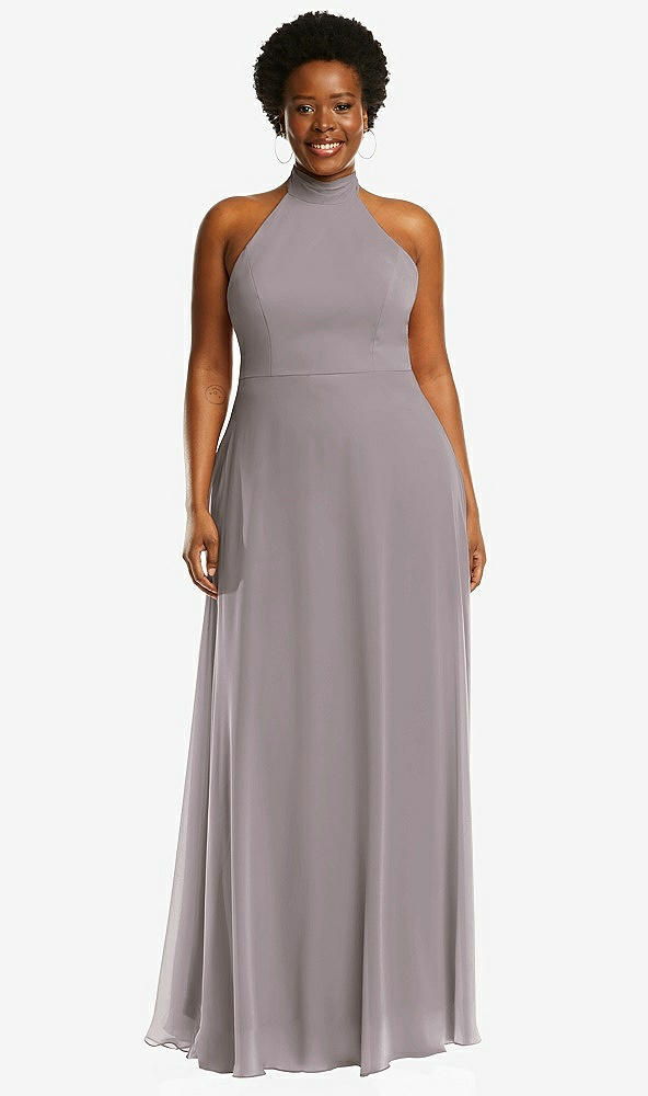 Front View - Cashmere Gray High Neck Halter Backless Maxi Dress