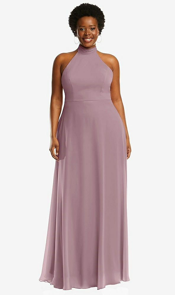 Front View - Dusty Rose High Neck Halter Backless Maxi Dress