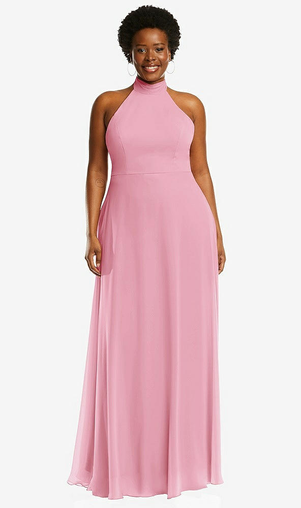 Front View - Peony Pink High Neck Halter Backless Maxi Dress