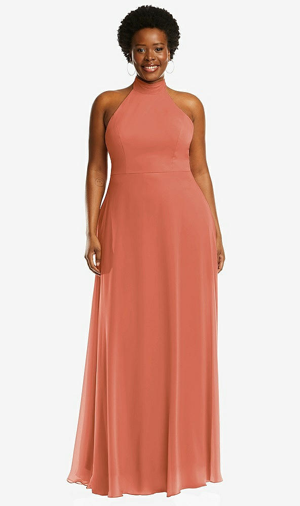 Front View - Terracotta Copper High Neck Halter Backless Maxi Dress