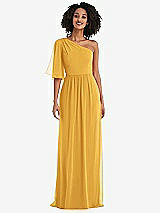 Front View Thumbnail - NYC Yellow One-Shoulder Bell Sleeve Chiffon Maxi Dress