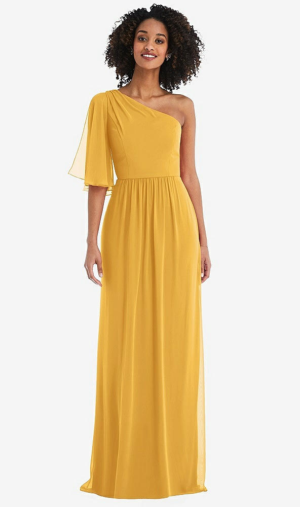 Front View - NYC Yellow One-Shoulder Bell Sleeve Chiffon Maxi Dress