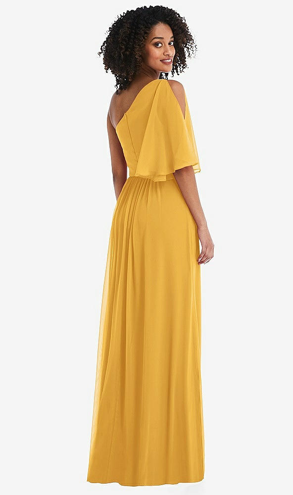 Back View - NYC Yellow One-Shoulder Bell Sleeve Chiffon Maxi Dress
