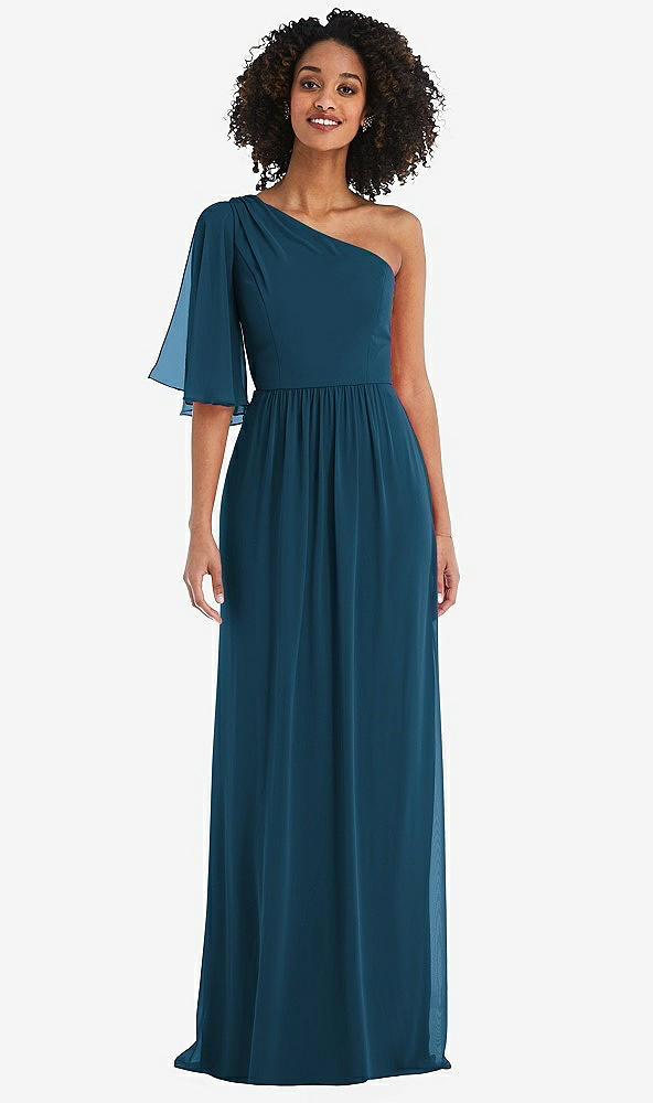 Front View - Atlantic Blue One-Shoulder Bell Sleeve Chiffon Maxi Dress