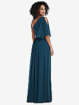 Rear View Thumbnail - Atlantic Blue One-Shoulder Bell Sleeve Chiffon Maxi Dress