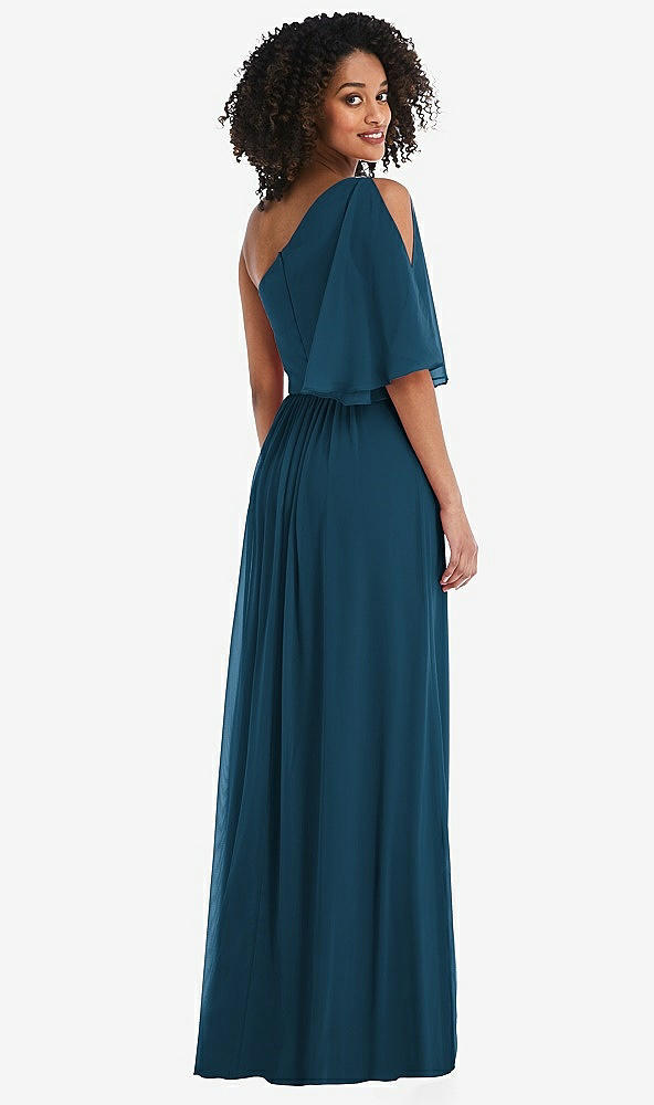 Back View - Atlantic Blue One-Shoulder Bell Sleeve Chiffon Maxi Dress