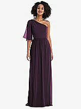 Front View Thumbnail - Aubergine One-Shoulder Bell Sleeve Chiffon Maxi Dress