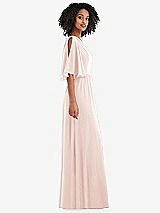 Side View Thumbnail - Blush One-Shoulder Bell Sleeve Chiffon Maxi Dress