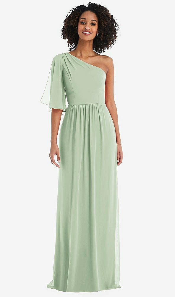 Front View - Celadon One-Shoulder Bell Sleeve Chiffon Maxi Dress