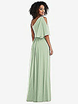 Rear View Thumbnail - Celadon One-Shoulder Bell Sleeve Chiffon Maxi Dress