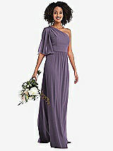 Alt View 1 Thumbnail - Lavender One-Shoulder Bell Sleeve Chiffon Maxi Dress