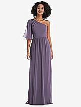 Front View Thumbnail - Lavender One-Shoulder Bell Sleeve Chiffon Maxi Dress