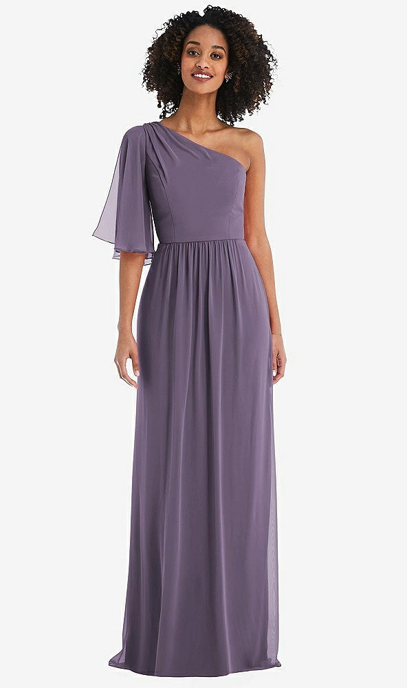 Front View - Lavender One-Shoulder Bell Sleeve Chiffon Maxi Dress