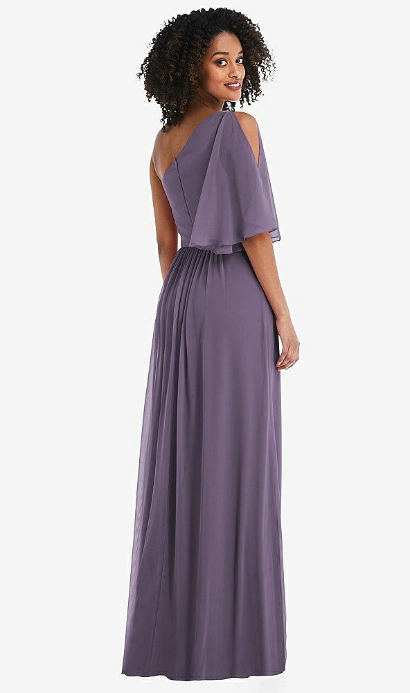 Back View - Lavender One-Shoulder Bell Sleeve Chiffon Maxi Dress