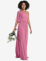 Alt View 1 Thumbnail - Orchid Pink One-Shoulder Bell Sleeve Chiffon Maxi Dress