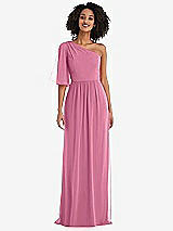 Front View Thumbnail - Orchid Pink One-Shoulder Bell Sleeve Chiffon Maxi Dress