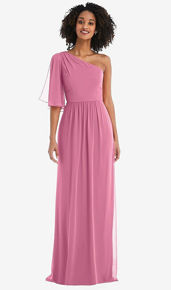 Front View - Orchid Pink One-Shoulder Bell Sleeve Chiffon Maxi Dress